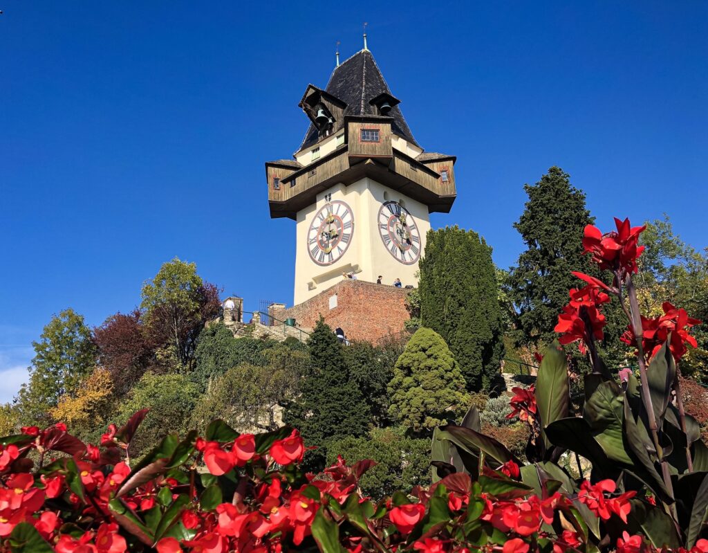 Beautiful sunny day at Clock tower in Graz, Austria